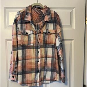 Plaid Button-Down Shirt in Pink, Blue, and Cream